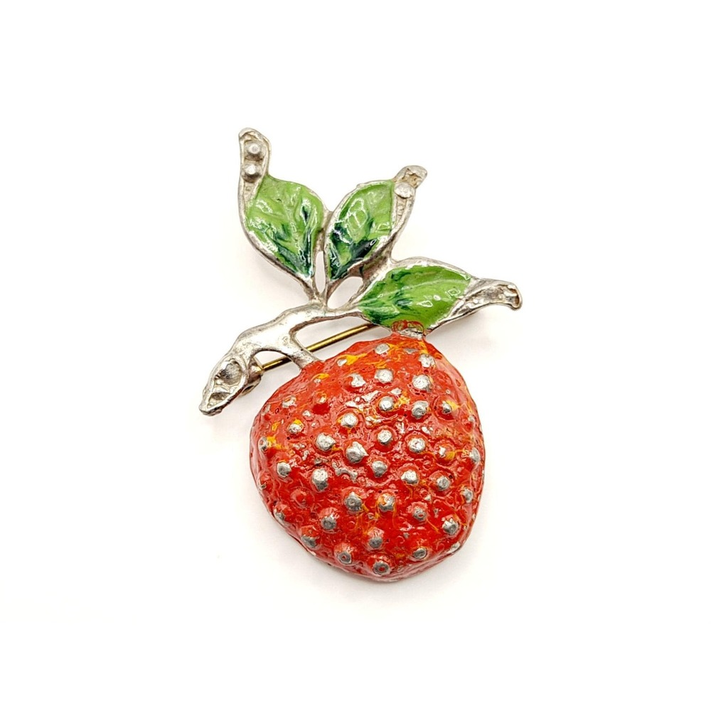 Vintage Strawberry Brooch Red & Green Enamel Silvertone Fruit Jewelry